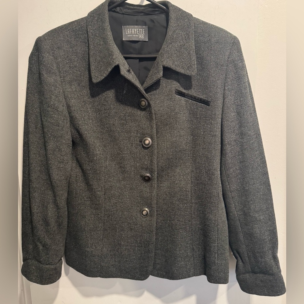 Lafayette 148 Wool blend Blazer Jacket designer gray buttons office party preppy